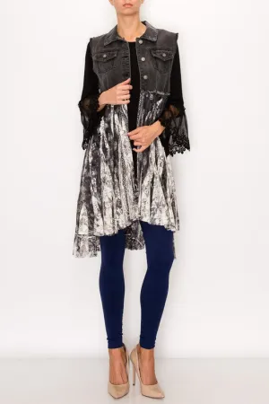 Black Denim Vest with Printed Lace