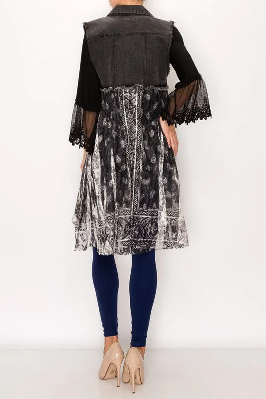 Black Denim Vest with Printed Lace