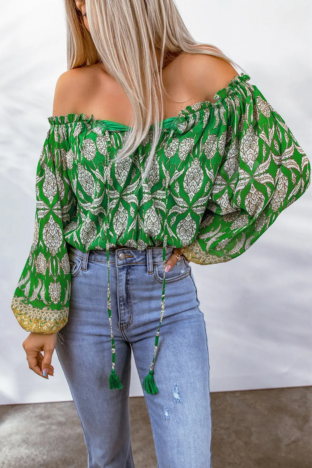 Bohemian Printed Tassel Tie Blouse