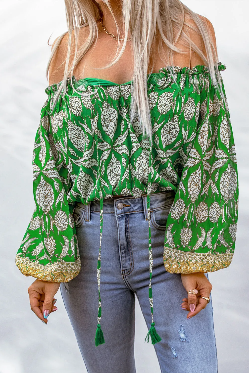 Bohemian Printed Tassel Tie Blouse