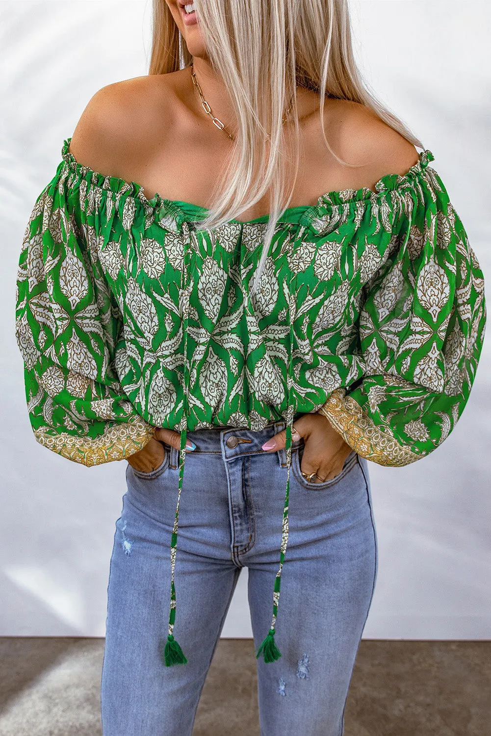 Bohemian Printed Tassel Tie Blouse