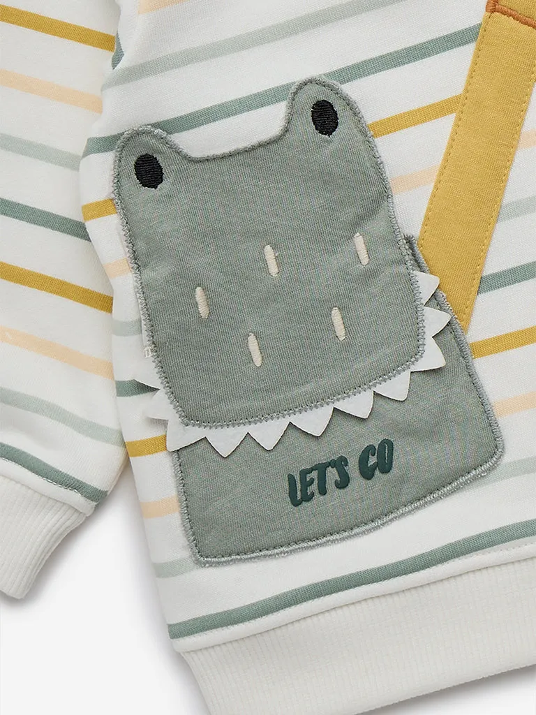 HOP Baby White Striped Cotton-Blend Sweatshirt