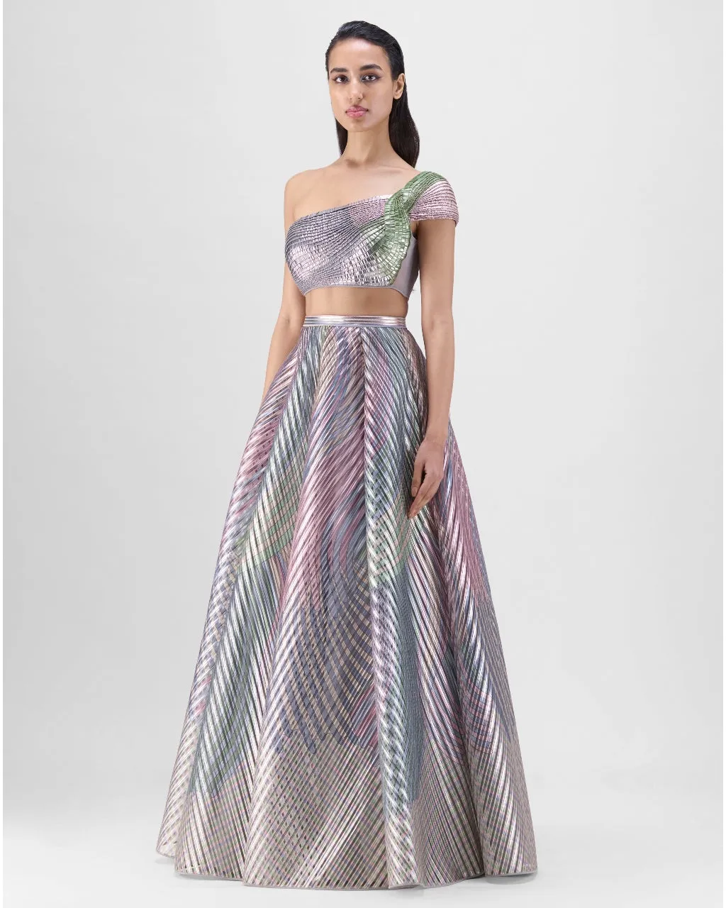 Multicolored Structured Lamina Scale Skirt Set