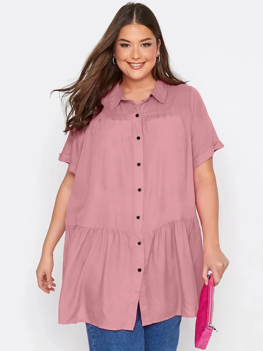 Plus Size Summer Elegant Longline Smock Shirt Women Short Sleeve Black Casual Tiered Blouse Large Size Loose Solid Shirt 4XL 5XL