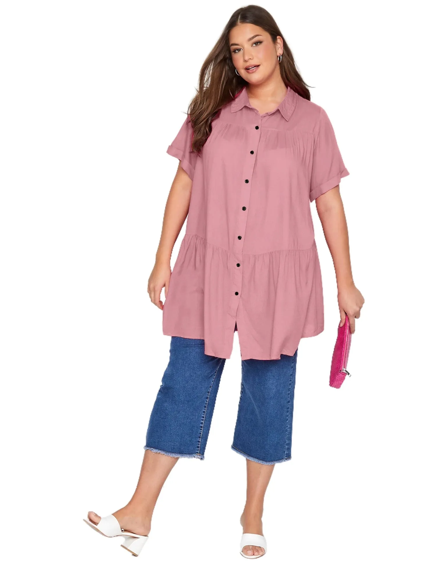 Plus Size Summer Elegant Longline Smock Shirt Women Short Sleeve Black Casual Tiered Blouse Large Size Loose Solid Shirt 4XL 5XL