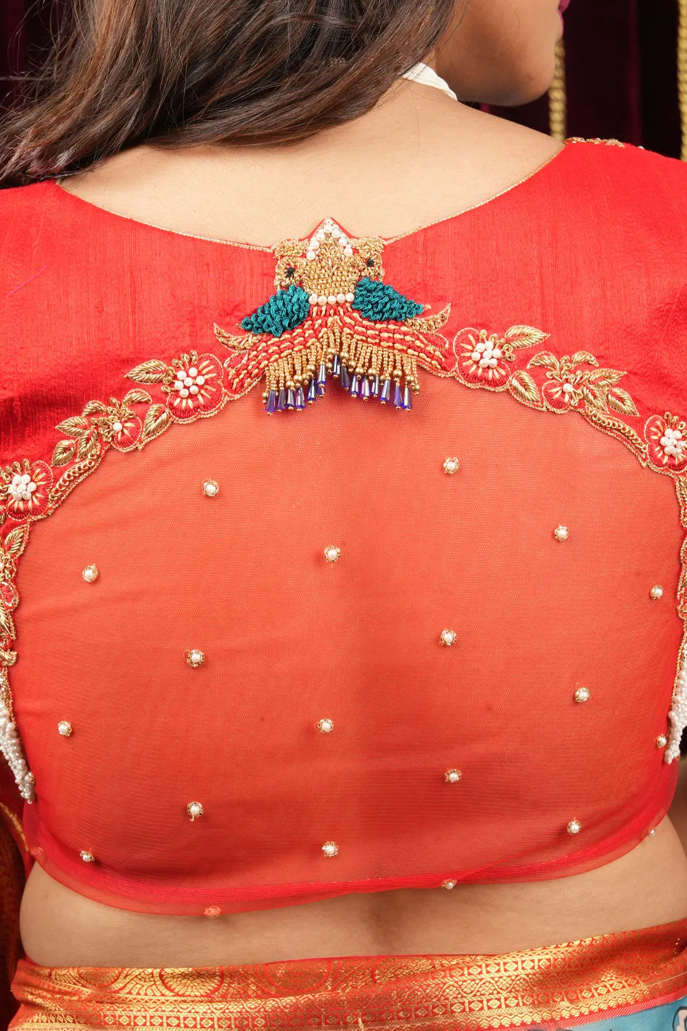 Red Pure raw silk and net peacock design handwork blouse with sheer back sleeves