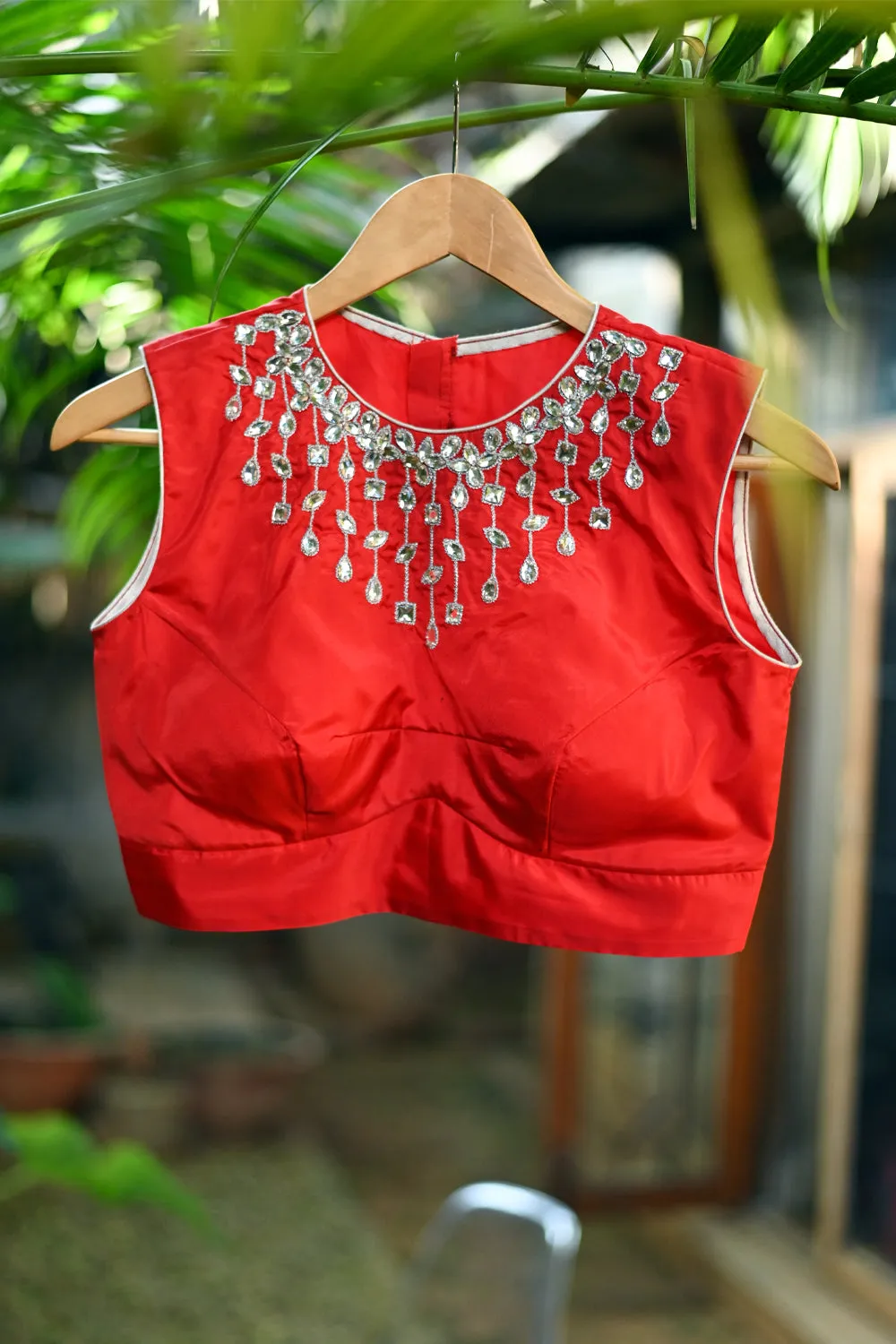 Red silk kundan work Hi neck blouse