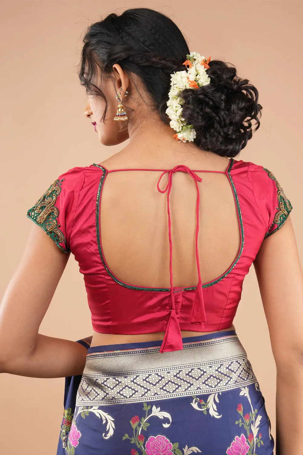 Silk Blouse with hand cutwork on cap sleeves and cutdana detailing, colors customizable