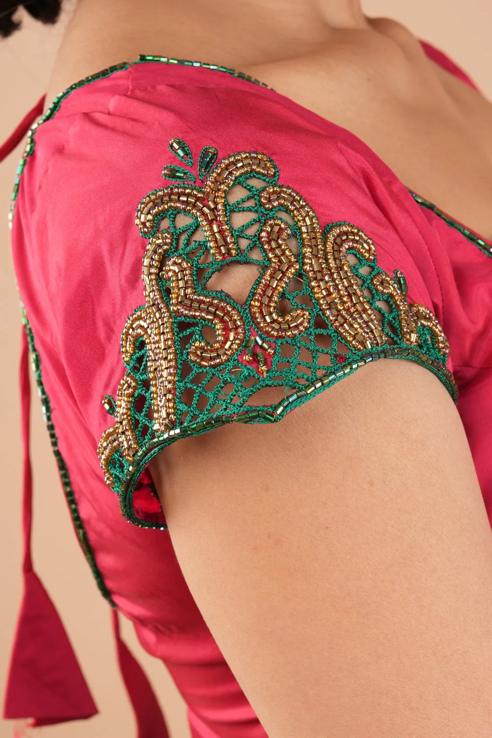 Silk Blouse with hand cutwork on cap sleeves and cutdana detailing, colors customizable
