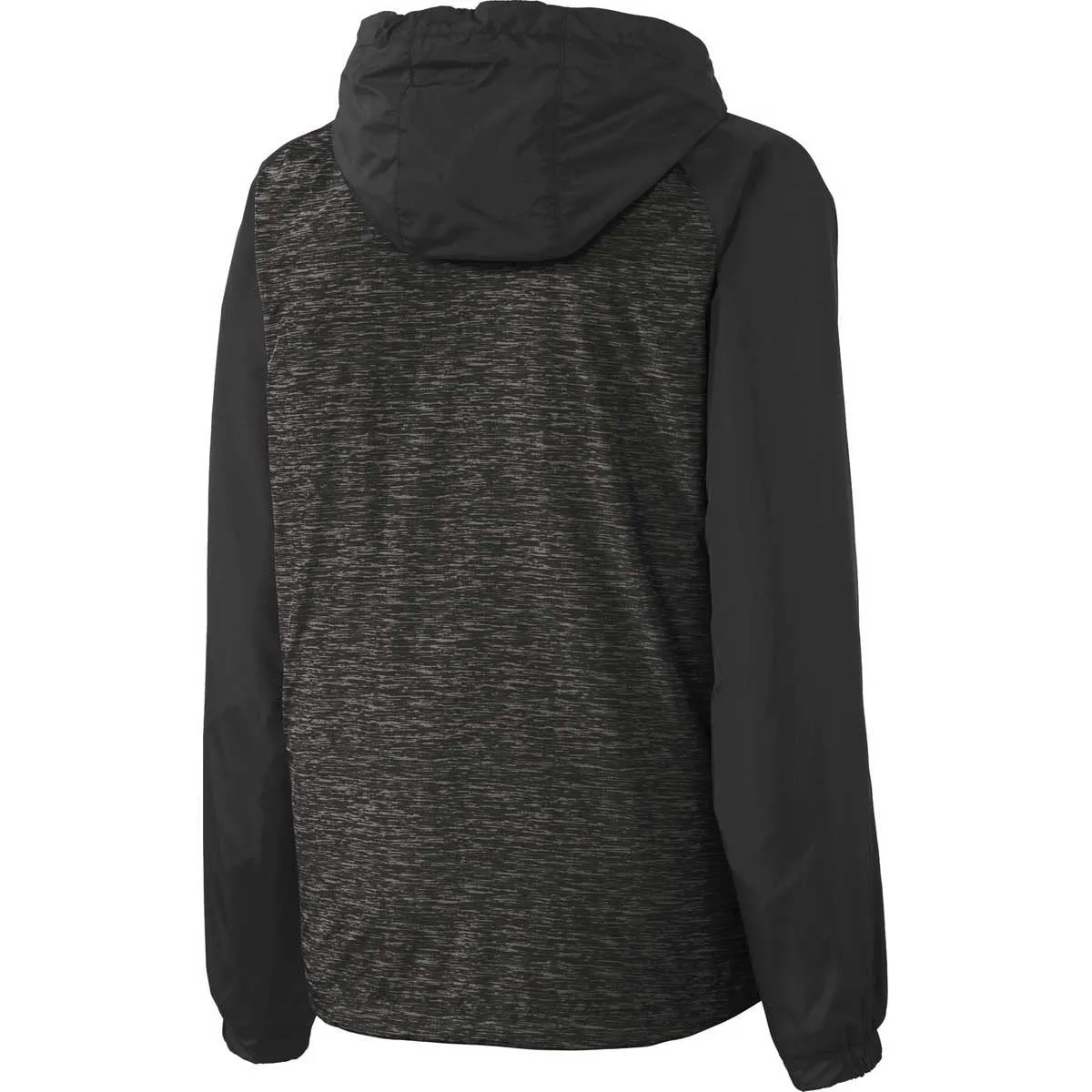 Sport-Tek Women's Black Heather/Black Colorblock Raglan Hooded Wind Jacket