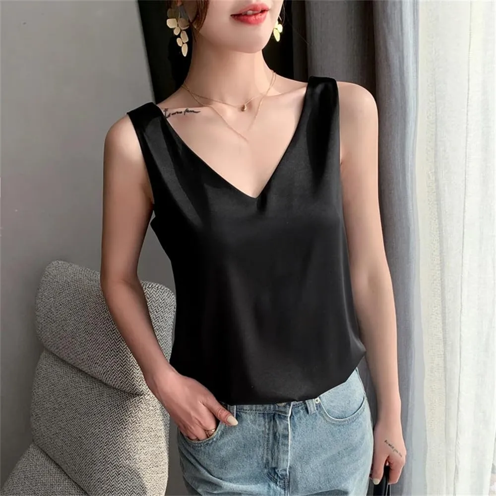 Women Casual Solid Satin Silk Vest Tops Summer V-Neck Thin Sleeveless Camisole Shirt