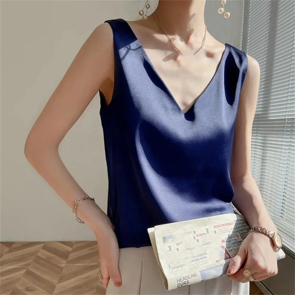 Women Casual Solid Satin Silk Vest Tops Summer V-Neck Thin Sleeveless Camisole Shirt