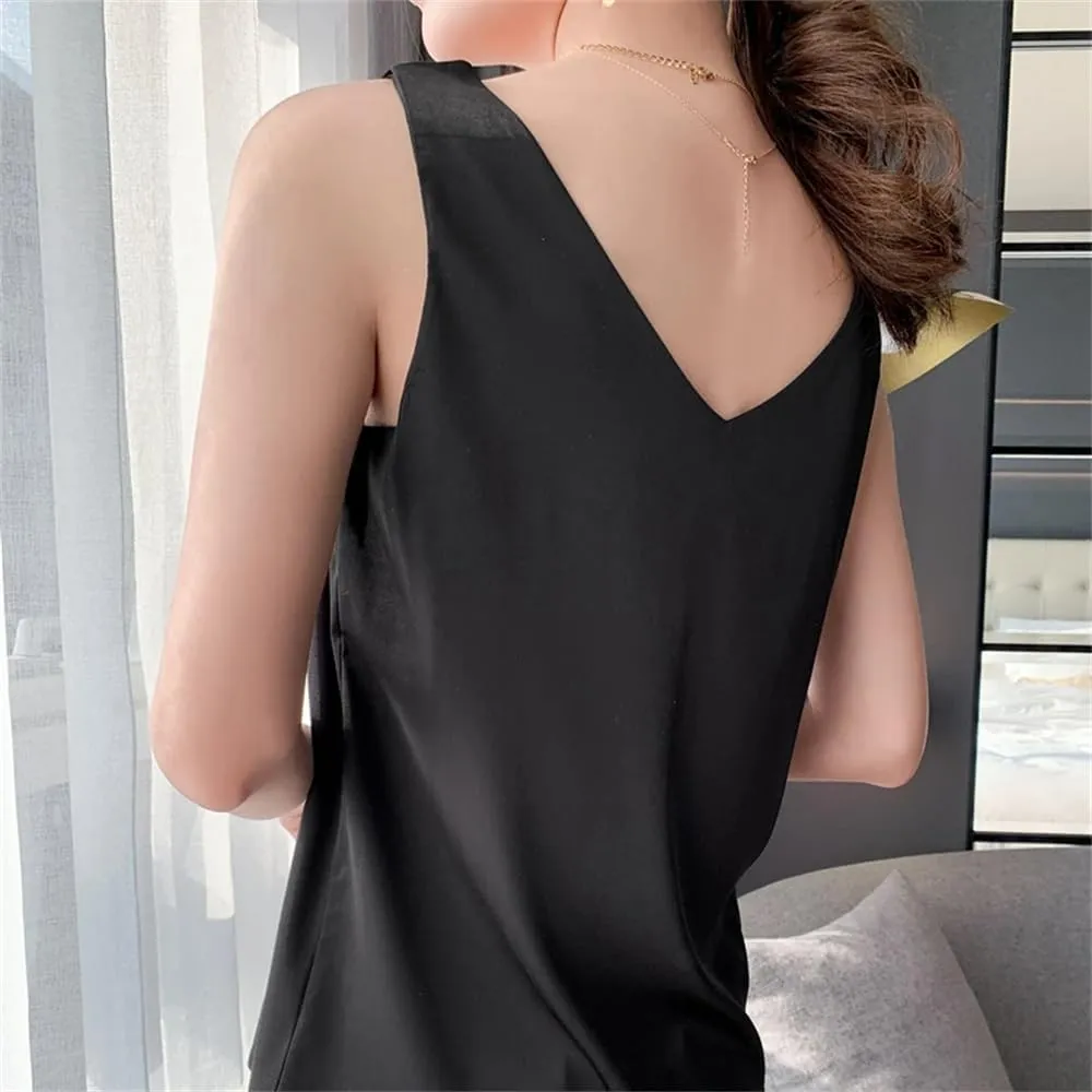 Women Casual Solid Satin Silk Vest Tops Summer V-Neck Thin Sleeveless Camisole Shirt