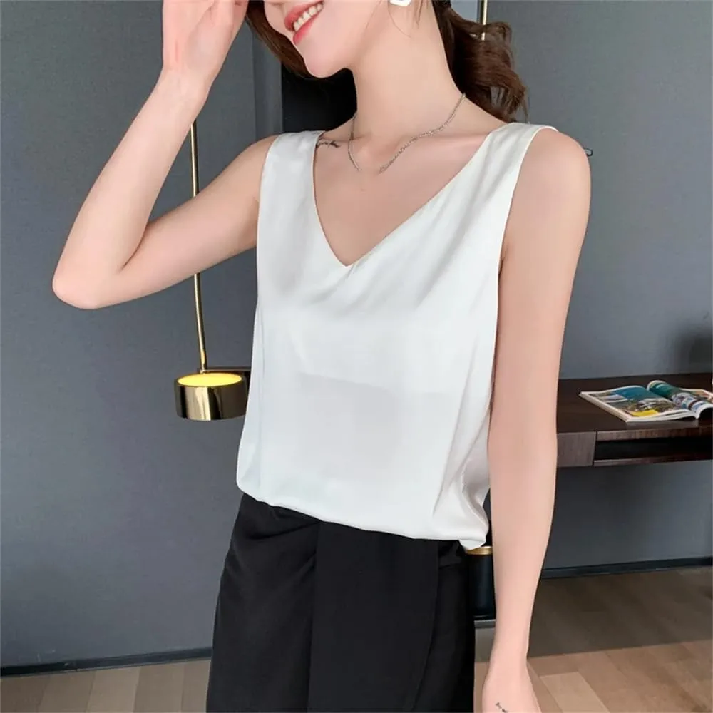 Women Casual Solid Satin Silk Vest Tops Summer V-Neck Thin Sleeveless Camisole Shirt