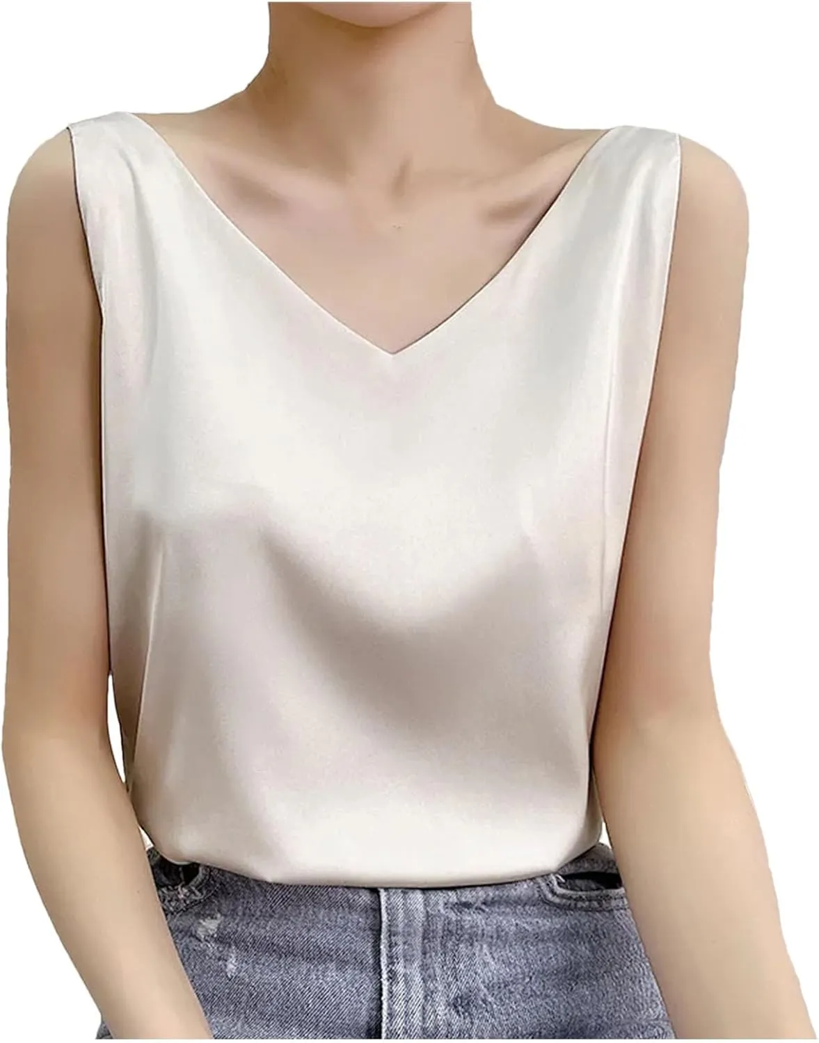 Women's Summer Satin Silk Tank Tops V Neck Camisole Cami Loose Sleeveless Top